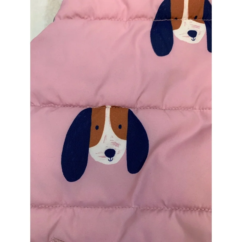 Mini Boden Reversible Puffer Vest Girls 6-7Y Pink Beagle‎ Dog Sherpa Fleece Hood